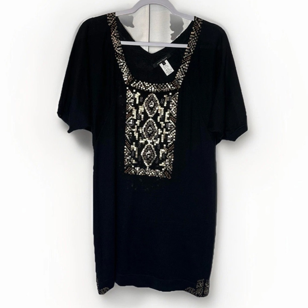 Nanette Lepore Women's Tunic Sweater Top Beaded Silk Linen Metallic Y2K Boho Art